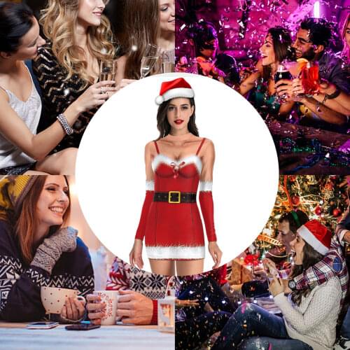 Women Velvet V Neck Christmas Dress With Hat Winter Santa Claus Costume Fancy Dress Sexy Cosplay Costume Party Dress With Belt