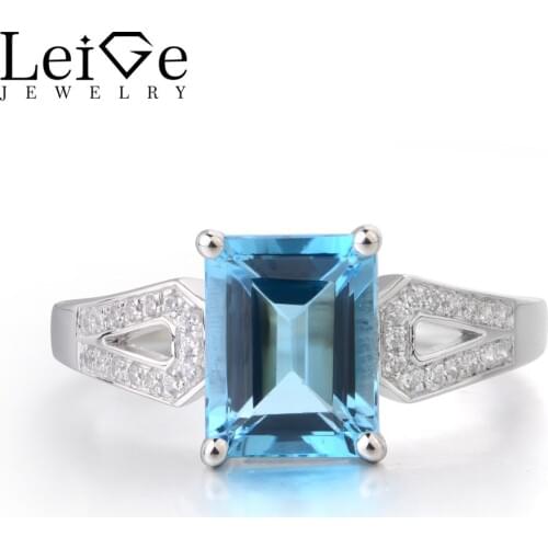 LeiGe Jewelry Natural Swiss Blue Topaz Rings 925 Sterling Silver November Birthstone Emerald Cut Wedding Rings For Woman