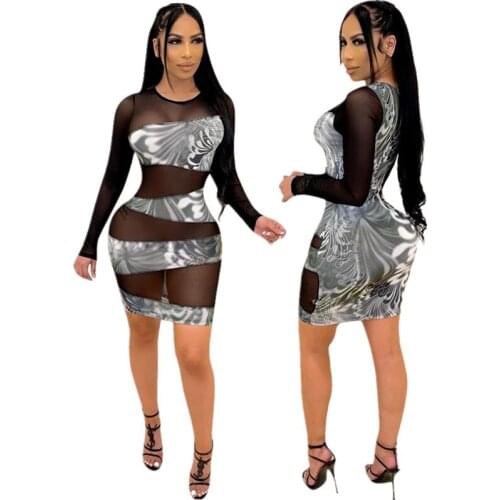 Y2k Dress Autumn Mesh Sexy Stitching Long Sleeve Bodycon Dresses for Women Party Club Birthday ClothesVestidos Wholesale Items