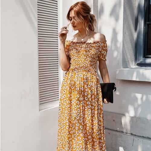 GOOHOJIO Women Small Daisies Floral Print Dress 2020 Fashion Women A-Line Off Shoulder Midi Dress Sexy Sundresses Beach Vestidos
