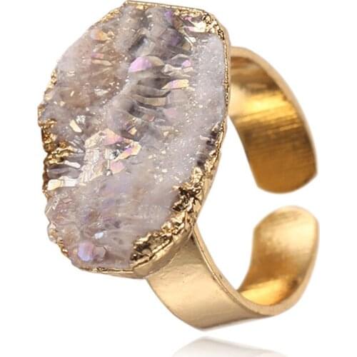 1pc Natural Druzy Crystal Cluster Ring Female Opening Adjustable Crystal Bud Gold Metallic Copper Ring Jewelry Drop Shipping