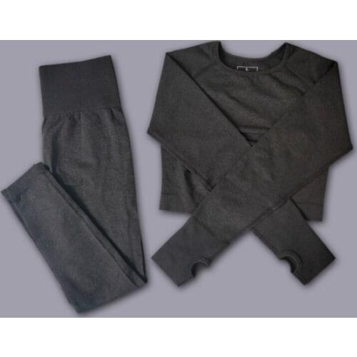 2 Pieces/Set Women Seamless Yoga Suit Fitness Suit Long Sleeve Crop Top + High Waist Energy Seamless Leggings Sports Suit