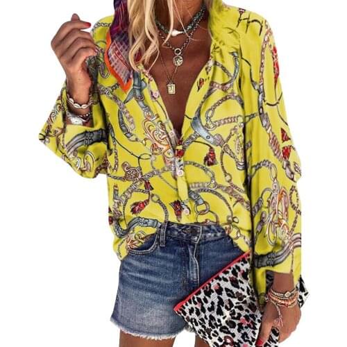 2021 Summer Plus Size Tops And Blouses For Women Chain Print Long Sleeve V-neck Office Lady Loose Casual Fashion Blouse