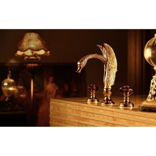 Free shipping Gold Clour 3 Pieces widespread ROMAN SINK SWAN FAUCET BATHROOM lavatory mixer tap