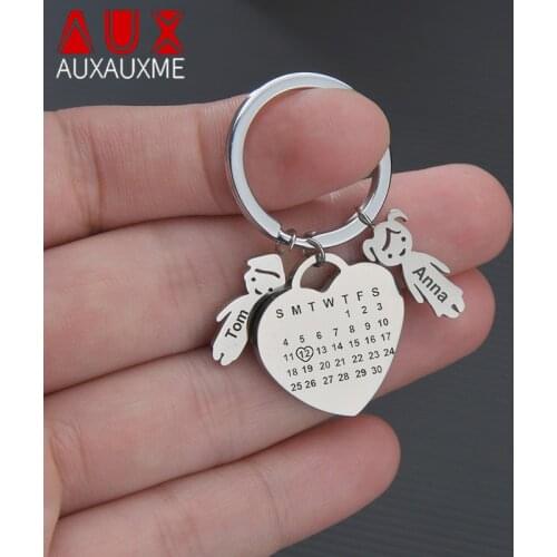 Auxauxme Personalized Calendar Name Boy Girl Keychain for Couple Family Stainless Steel Engrave Photo Anniversary Jewelry Gifts