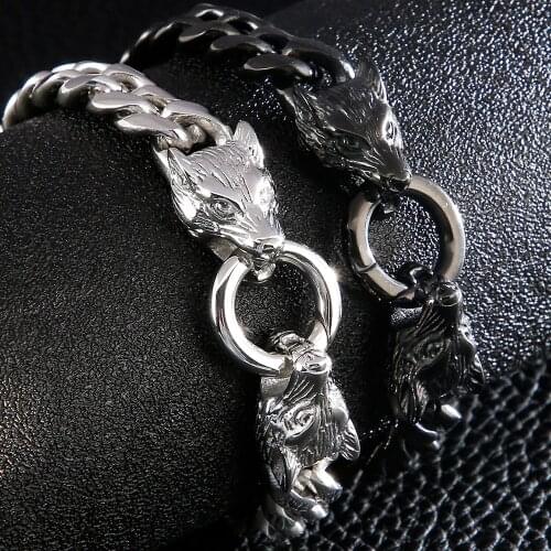 Viking Wolf Head Animal Bracelet Black Stainless Steel Mesh Chain Charm Bracelets Best Friend Mens Jewellery Armband Wholesale