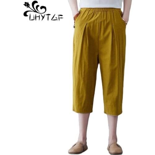UHYTGF 4XL Plus Size Pants Womens Soft Cotton Silk Elastic High Waist Comfortable Summer Trousers Female Thin Harem Pants 1714