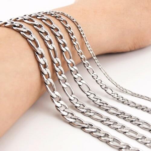 Men Stainless Steel Figaro Necklace 3/4.6/6/7/7.5mm width Silver Color link chain Good quality male Necklace Length 16"-38"