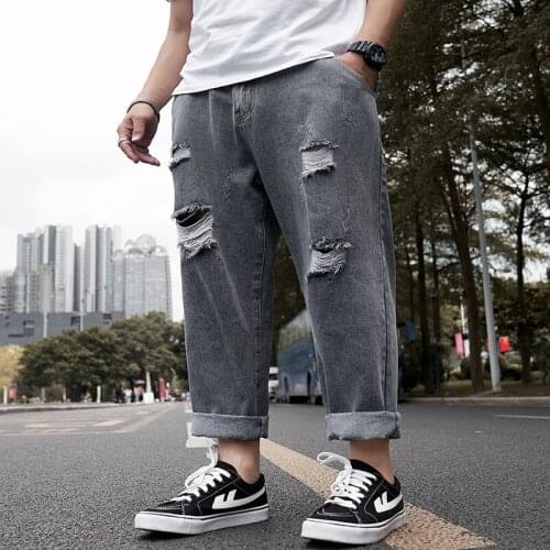 Plus size jeans mens hole loose straight daddy pants plus size trousers nine-point pants