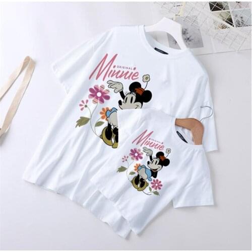 Minnie Mouse Disney T Shirt Short Sleeve Printed Mommy And Me Daughter Kids Tshirts White O-neck Harajuku Family Matching Outfit