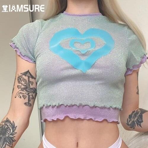 IAMSURE Patchwork Heart Shape Printed T Shirt Women Casual O-Neck Short Sleeve Tees Sweet Sequins Crop Top 2021 Summer Fashion