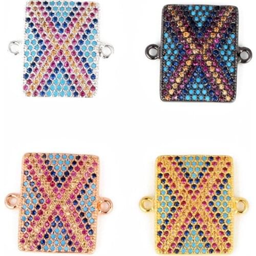 4pcs Classic Jewelry Connectors Findings Mix Color Pave Setting Cubic Zircon X Rectangle Shape Metal Charms Supplies Freedom