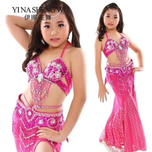Top Grade Children Belly Dance Clothing Oriental Dance Outfit Bra Belt Skirt Kids Belly Dance Professional Performance Costumes