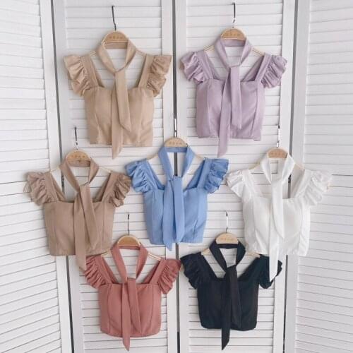 Sweet Short Design Ruffled Short Sleeves Women Tops Summer Cute Tee Top with Scarf Ties