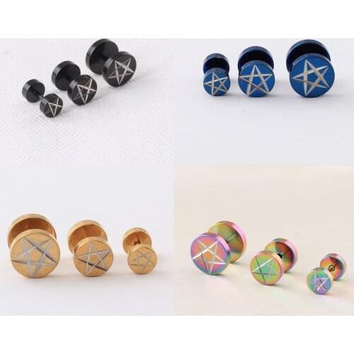 Alisouy 2 pieces fashion ear plug Stainless Steel Punk Round star dumbbell Men Women Pierced stud Earrings for men women