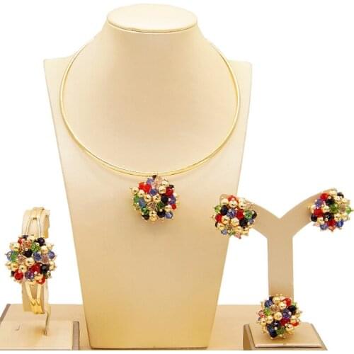 Wholesale High Quality Dubai Multicolor Gold-Color Jewelry Sets For Women African Beads Fashion Choker Earrings Bracelet Ring