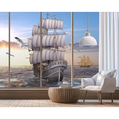 Papel de parede Sailing sea sunrise landscape restaurant 3d wallpaper mural,living room TV wall bedroom wall papers home decor