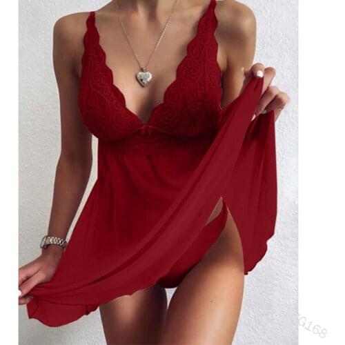 Sexy Sleepwear Womens Nightgowns Dress Through Lace Sexy Lingerie Night Dress Women Underwear Party Nightie+panties