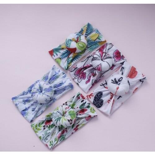 5pcs Baby Girls Wide Bow Nylon Headbands,Super Soft Full Fruit Prints Round Knot Headwraps,Toddler Infants Head Wraps Headwear
