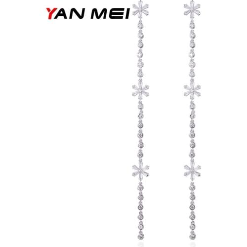 YAN MEI Long Flower White Gold Color AAA CZ Dangle Earrings Luxury Jewelry GLE6850Y