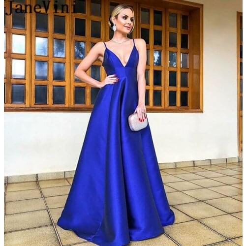 JaneVini Sexy Royal Blue Long Prom Dresses 2019 Deep V-Neck Backless Women Gala Gowns Satin Spaghetti Straps Formal Party Dress