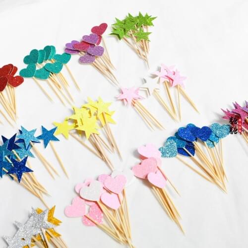 10pcs Cake baking decoration card color pink blue small love small star toothpick tag wedding decorations cake topper