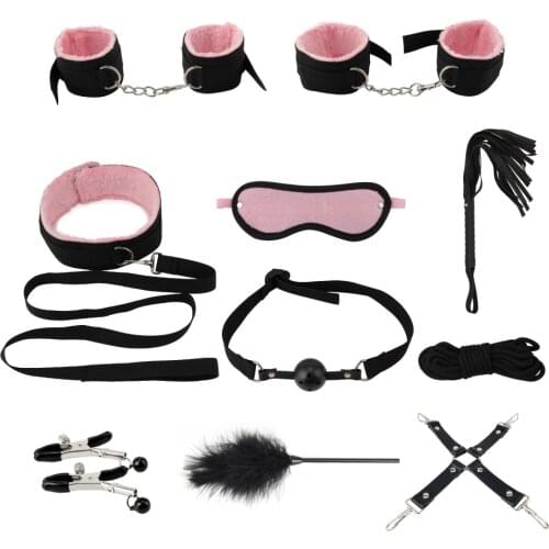 10 Pcs/set Sex Products Erotic Adults games BDSM Sex Bondage Set Handcuffs Nipple Clamps Gag Whip Rope Sex Toys For Couples