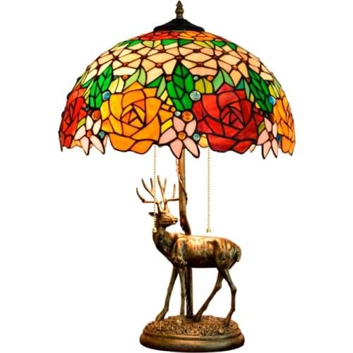 16 inch European Vintage Rose classic Tiffany glass decorative desk lamp living room bedroom bar decorative elk table lamp