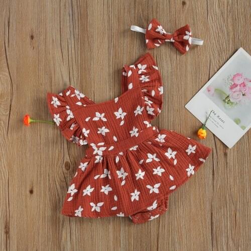 2021 0-24M Cute Summer Infant Baby Girl Playsuit Dres Floral Print Ruffle Short Sleeve Bow Back Cotton Linen Clothes Summer 2pcs