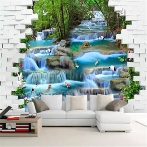 Custom Photo 3d Wallpaper Brick Wall Flowing Water Waterfall 3D Landscape Paintin TV Background Wall Decoration Mural Wallpaper