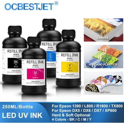 250ML 4 Colors/Set LED UV Ink For DX4 DX5 DX6 DX7 Printhead For Epson 1390 R1800 R1900 4800 4880 7880 9880 UV Flatbed Printer