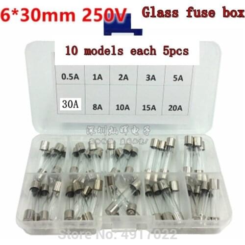 50pcs Fast Quick Blow Glass Tube Fuse 5pcs x 10 value Assortment Kit 6 x 30 mm 0.5A 1A 2A 3A 5A 8A 10A 15A 20A 30A /250V Hot New