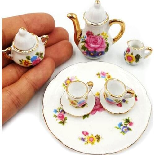 8 Pcs/Lot 1:12 Cute Miniature Dollhouse Dinnerware Porcelain Tea Set Tableware Cup Plate Colorful Floral Print