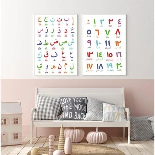 Arabic Islamic Wall Art Canvas Painting Arabic Letters Alphabets Numerals Poster Prints Nursery Kids Room Wall Art Decor