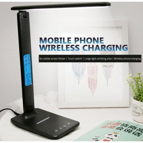 For Smart Phone QI Wireless Charger LED Desk Lamp With Calendar Temperature Alarm Clock Eye Protect Reading Light Table Lamp