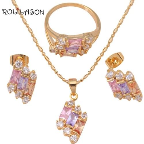 Brand Color Zirconia gold color Inlay Fashion Jewelry Set Necklace Earrings Ring sz #6 #7 #8 for women JS360