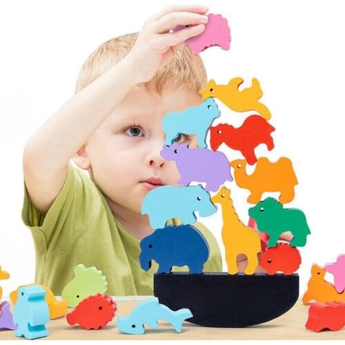 Cartoon Animal Dinosaur Wooden Stacking Toy Montessori Balance Game Blocks Building Tower Baby Educational