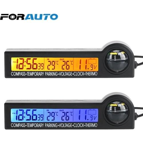 FORAUTO 5 in 1 Compass Thermometer Clock Calendar Car Temporary parking card LCD Display Screen Voltage Tester Multi-Function