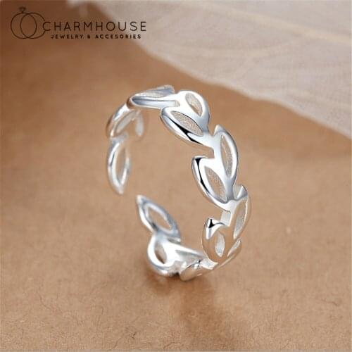 Real Silver Finger Rings For Women Exquisite Leaf Open Ring Adjustable Anillos Bague Vintage Korean Style Jewelry Accesories