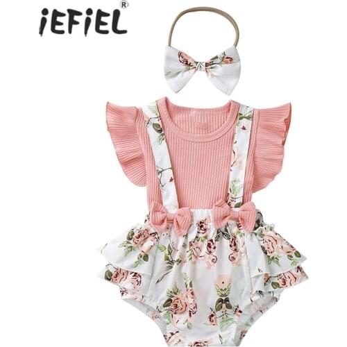 3Pcs Newborn Kids Baby Girls Outfit Clothes Set Casual Solid Color Romper Jumpsuit Floral Suspenders Shorts Set Clothing Costume