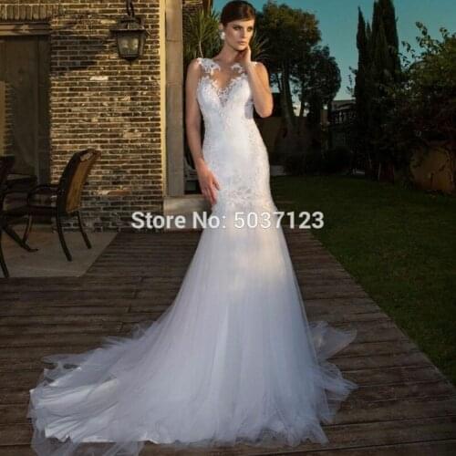 Lace Mermaid Wedding Dresses Robe De Mariée Scoop Sleeveless Backless Court Train Tulle Vestido De Noiva Bridal Gown Marriage