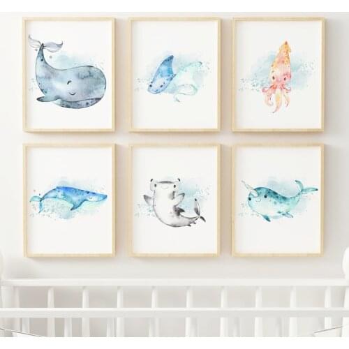Watercolor Whale Dolphins Octopus Wall Art Canvas Painting Cartoon Nordic Posters Prints Wall Pictures Girl Boy Kids Room Decor