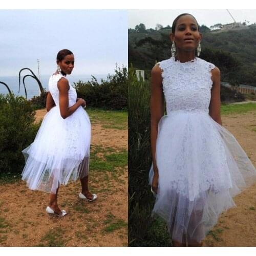 Cheap New White Lace Short Wedding Dresses Vintage Jewel Neck Sleeveless Lace Tulle A-Line Bridal Gowns Custom Made