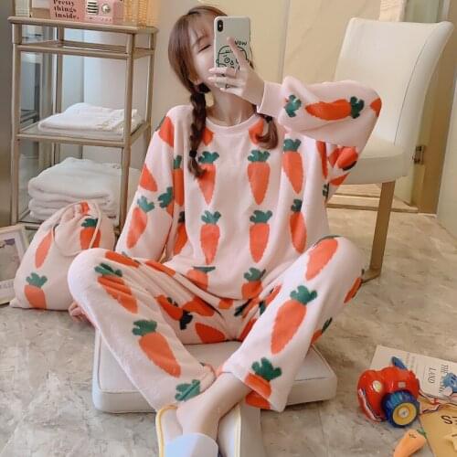 New Winter Women Flannel Pajamas Set Cartoon Round Neck Sleepwear Carrot Strawberry Duck Warm Pyjamas Home New Year Clothing