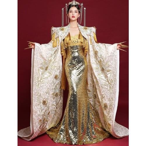 Golden mermaid embroidery dress with long robe long dress vintage opear drama stage Gown set Victoria Marie Antoinette opera