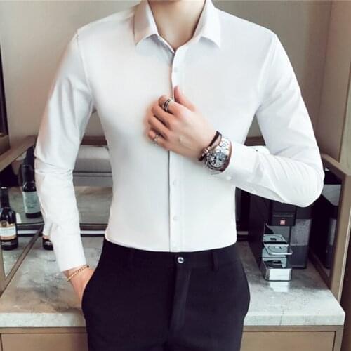 2021 New Mens Business Casual Shirt Long Sleeve Slim Fit Stretch Easy Ironing Solid Color Turn Down Collar Dress Blouses