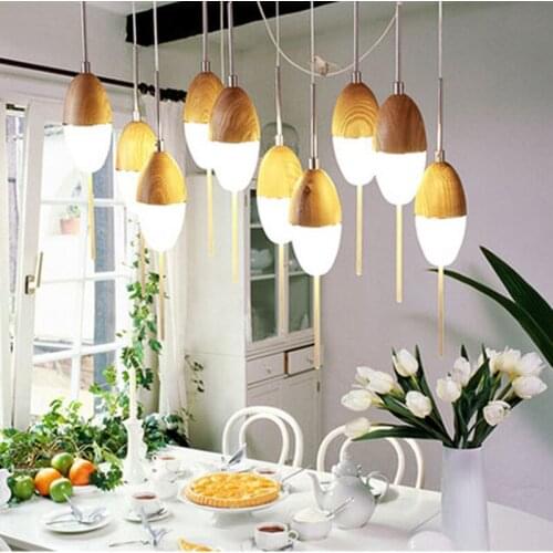 Nordic droplight LED Egg Glass 10 Lights Vintage pendant light Oak Wood Retro lamp 110/220V Cord Hanging Drop Lamp pendelleuchte