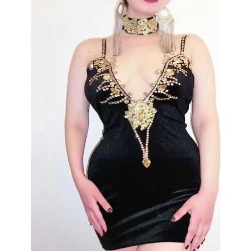 Fashion Black Sexy Gold Slip Dress Costume Deep V Female Performance Dance Competition Birthday Celebrate Women Singer Wear