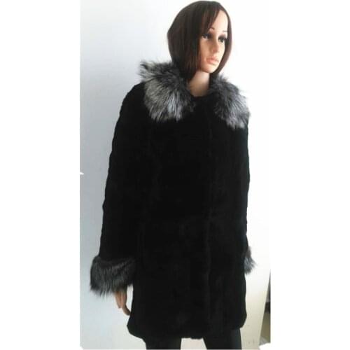 Winter fur coat of natural rex rabbit fur Black 80cm long fur coat Medium-long thicken warm fur jacket C123