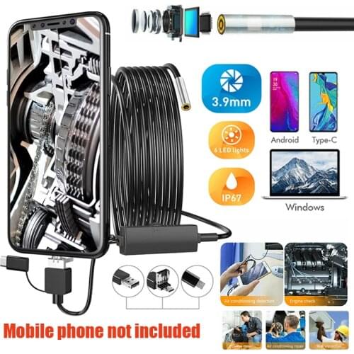 3.9MM Android Phone USB Endoscope 3 in 1 Inspection Mini Pipe Camera 10m Flexible Full HD 720P Waterproof Borescope Smartphone